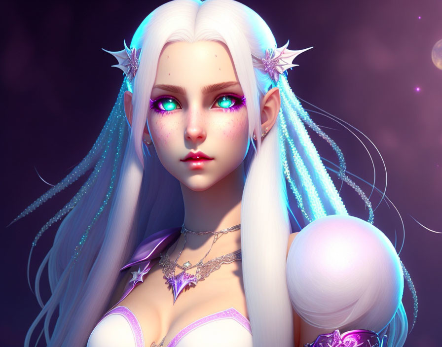 Digital artwork of female character: elfin features, pale skin, green eyes, blue hair, star