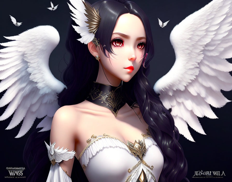 Female character with dark hair, white wings, and doves on dark background