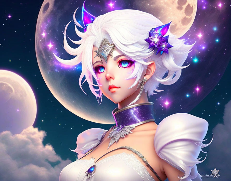 Fantasy female character with white hair and pink eyes in moonlit sky
