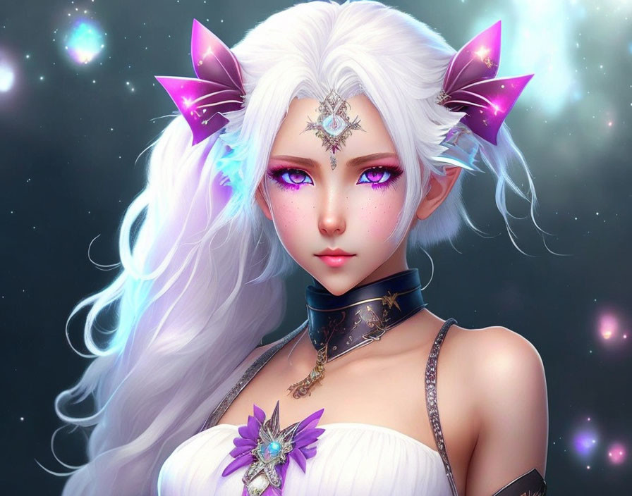 Fantasy character with white hair, elfin ears, purple eyes, and mystical jewelry in starry