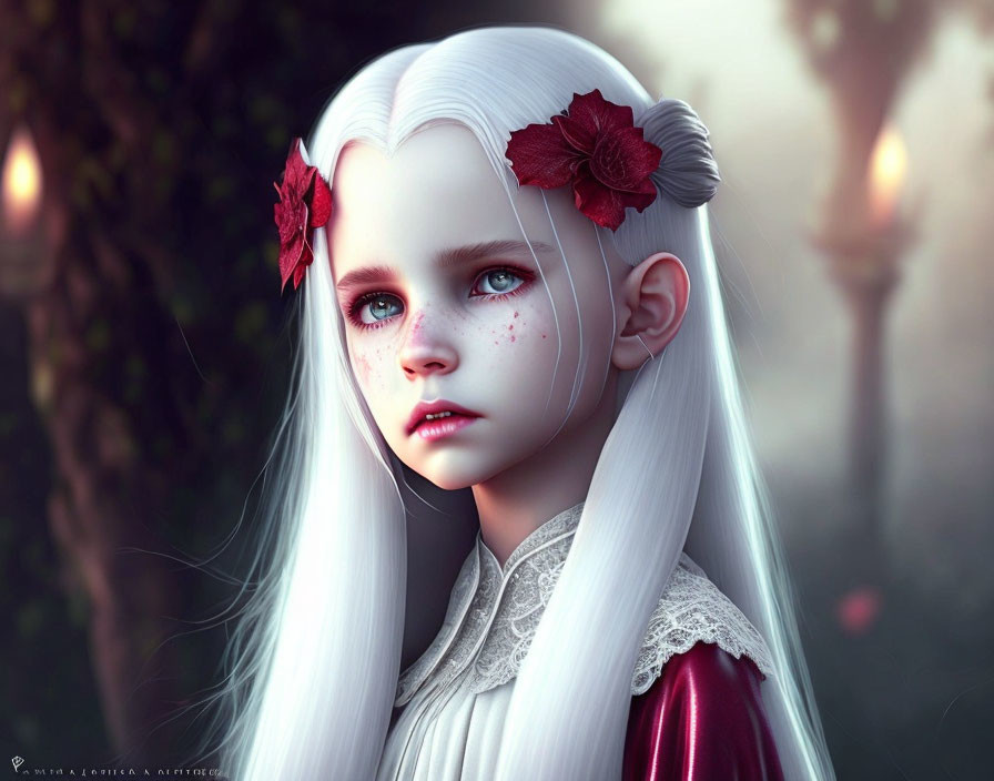 Fantasy artwork of girl with white hair and blue eyes in mystical forest