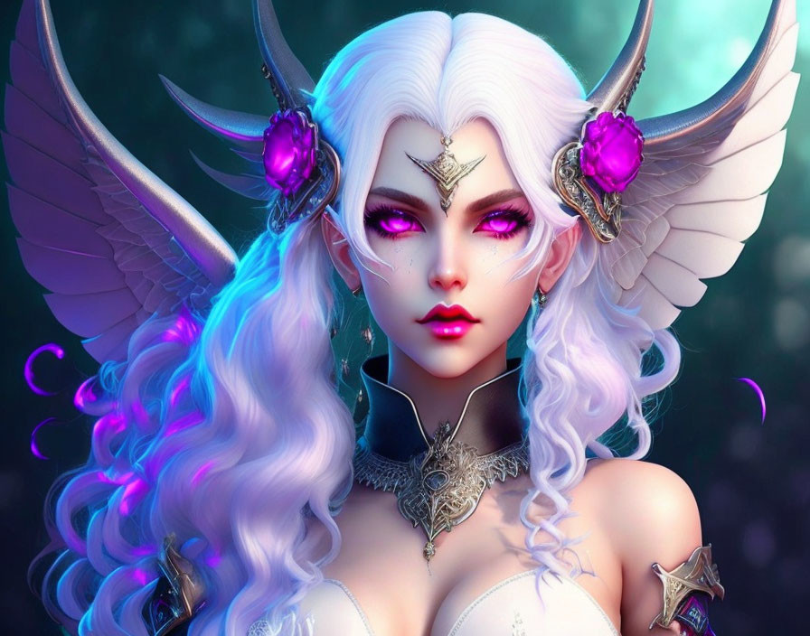 Fantasy character illustration with white hair, elf-like ears, purple eyes, and ornate purple gem