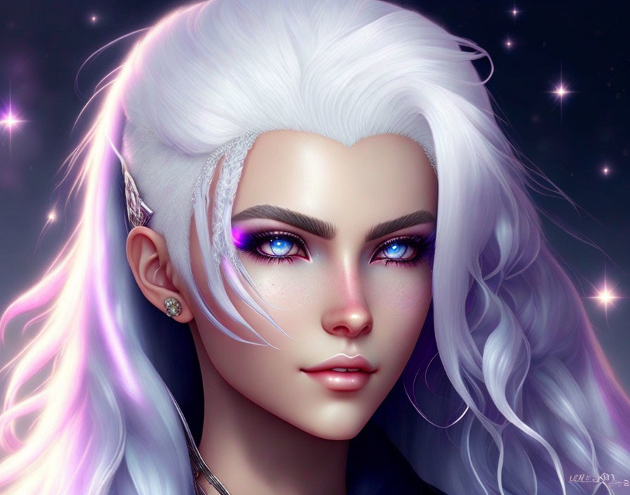 Digital Artwork: Person with Blue Eyes & Silver Hair in Starry Setting