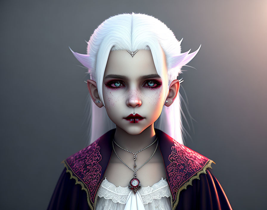Fantasy character digital portrait with pale skin, white hair, red eyes, dark outfit