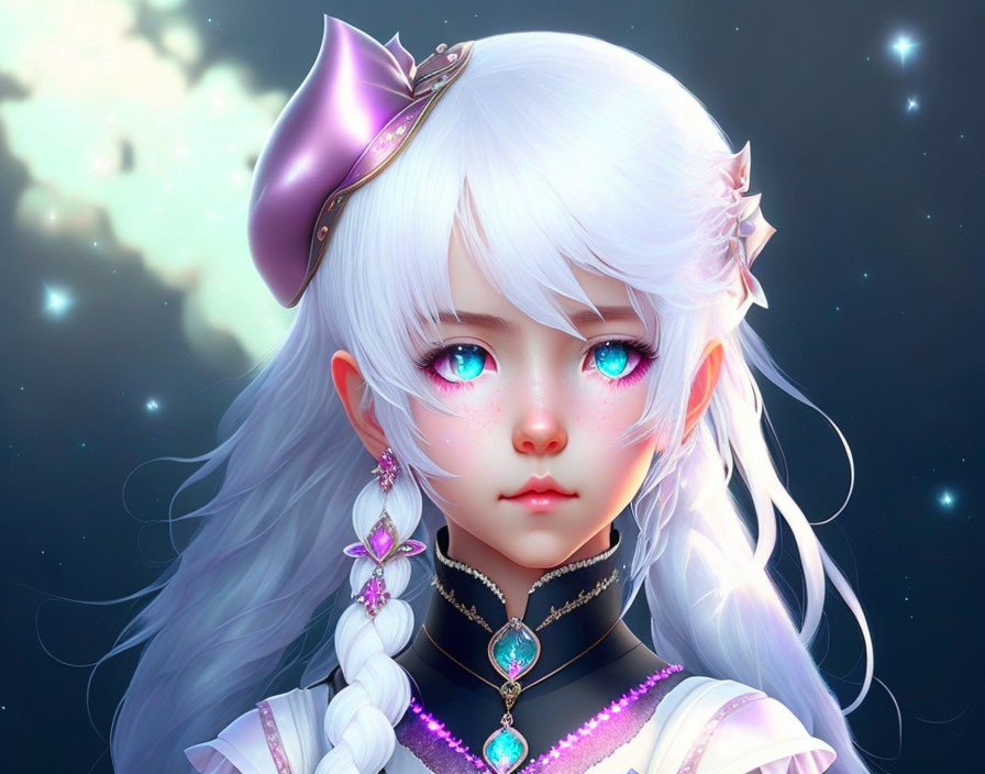 Character with White Hair and Blue Eyes in Starry Setting