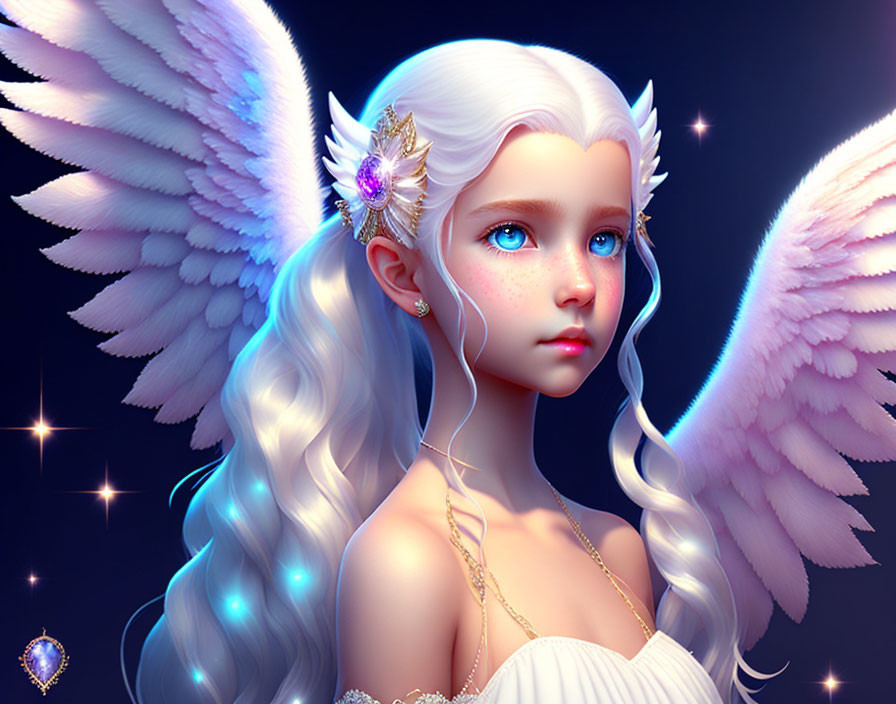 Digital artwork featuring angelic girl with white feathered wings and celestial background