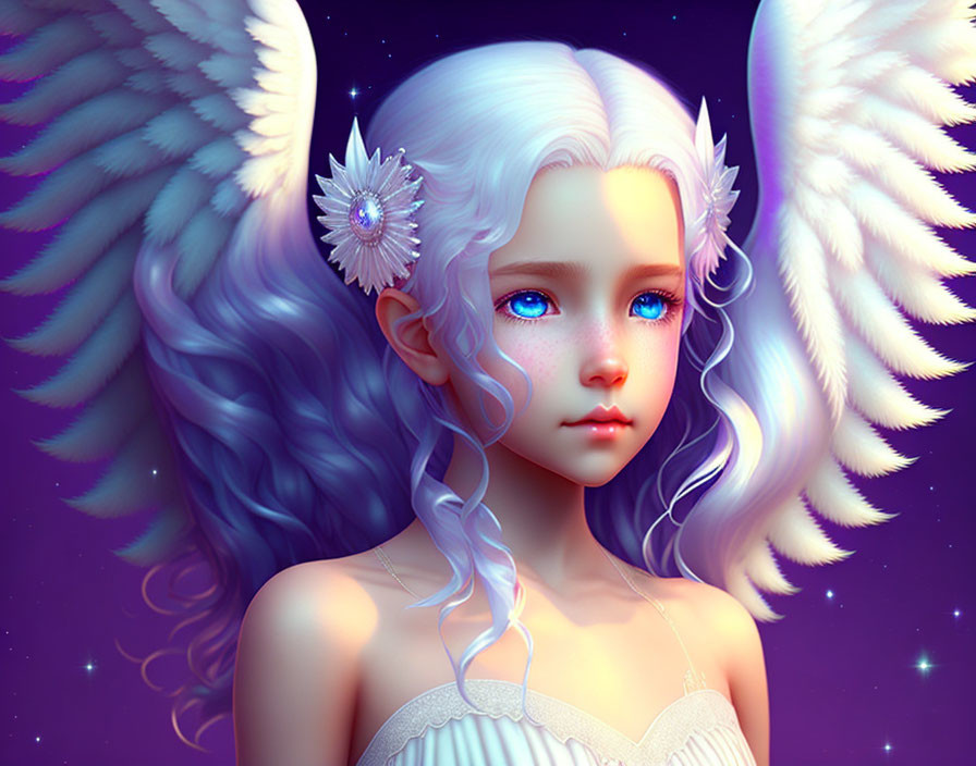 Digital artwork: Young angelic girl with blue eyes, white hair, wings, and floral accessory on