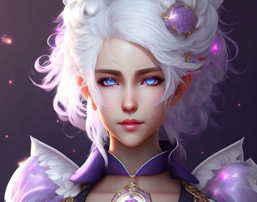 Character with Blue Eyes, White Hair, Purple Gems, Ornate Collar