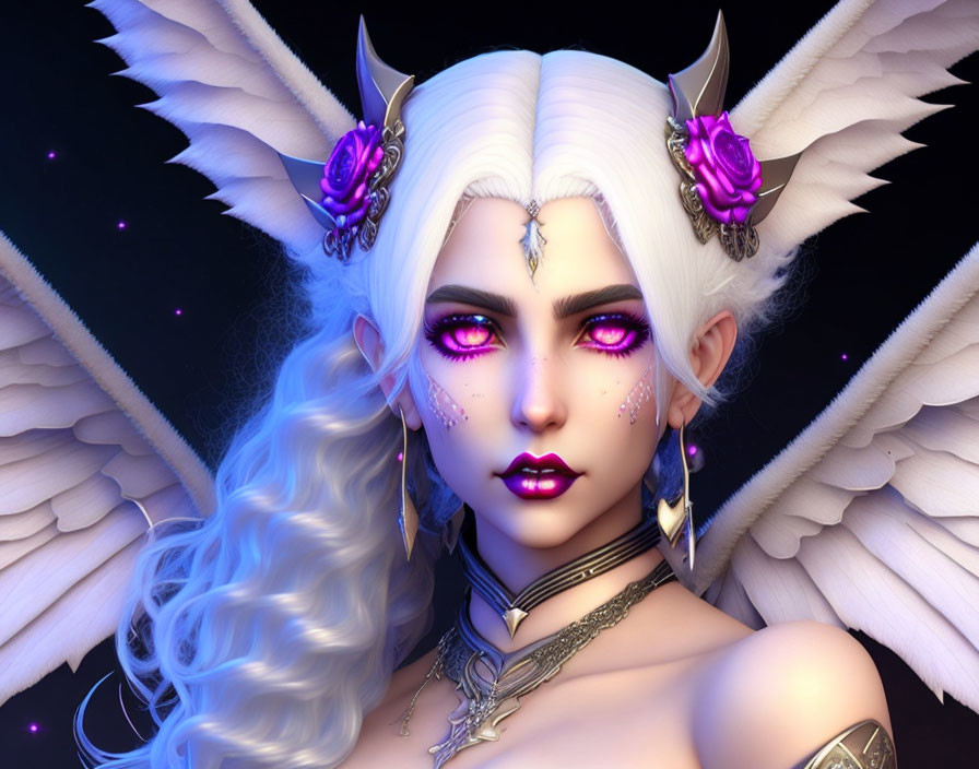 White-haired fantasy female with purple eyes, horned headdress, feathered wings, and violet facial