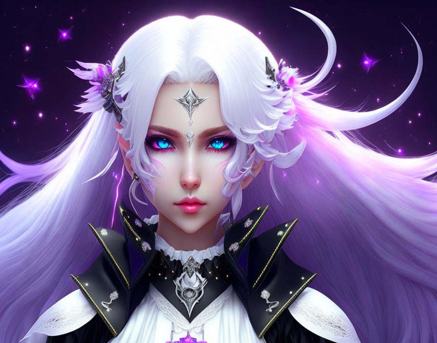 Fantasy character with white hair, blue eyes, pointed ears, dark outfit, celestial motifs, star