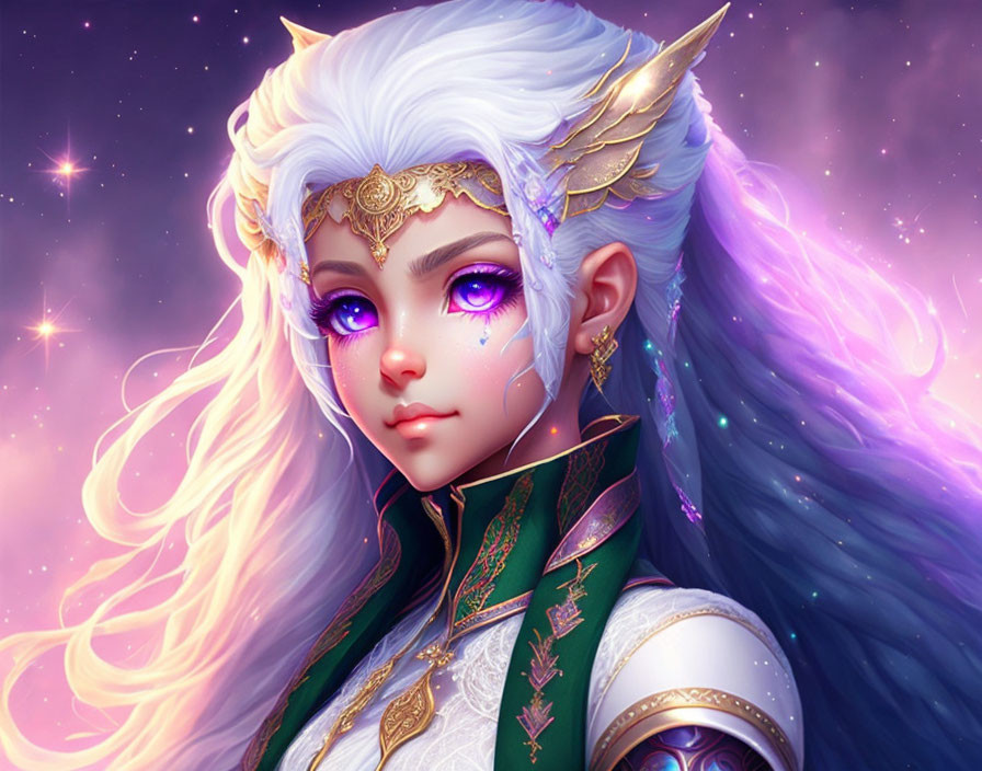 Fantasy Female Character with White Hair and Purple Eyes in Gold and Green Attire