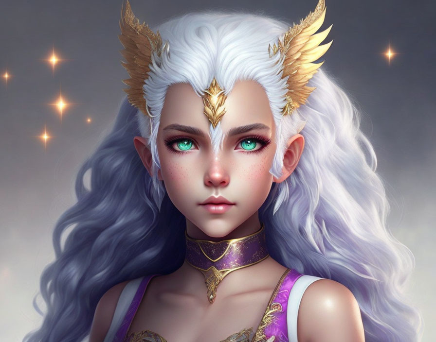 Fantasy character digital portrait: white hair, elven ears, green eyes, golden accessories