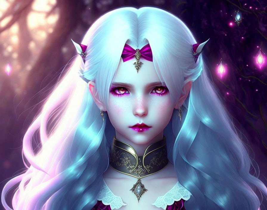 Fantasy illustration of female character with pointed ears, white and blue hair, purple eyes, and orn