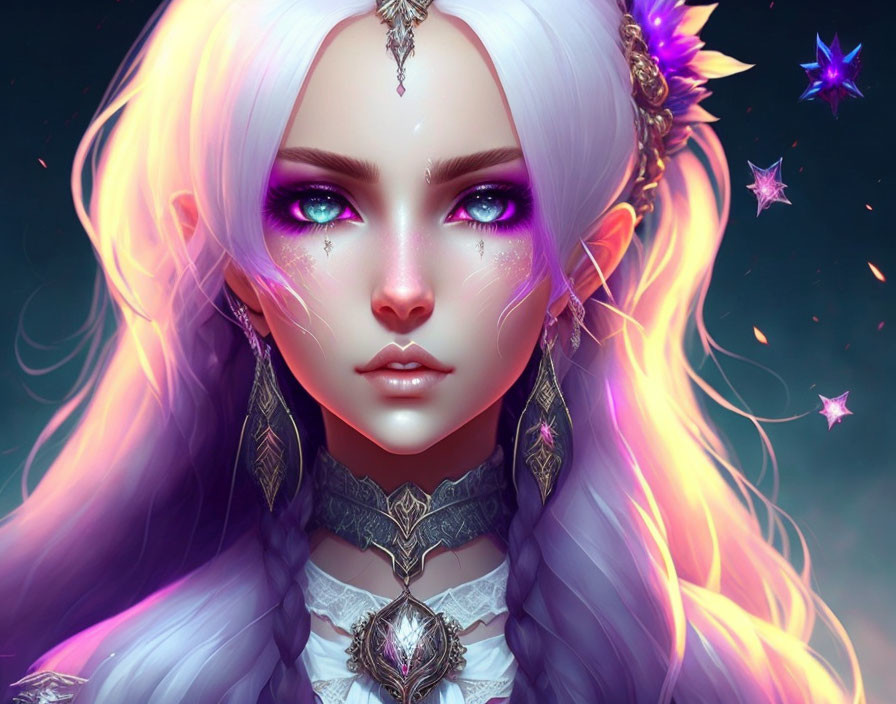 Fantasy Female Character with Violet Eyes and White Hair in Digital Art