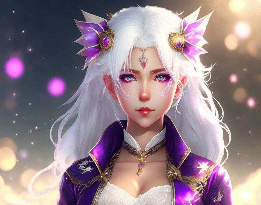 Fantasy female character with white hair in purple and gold attire