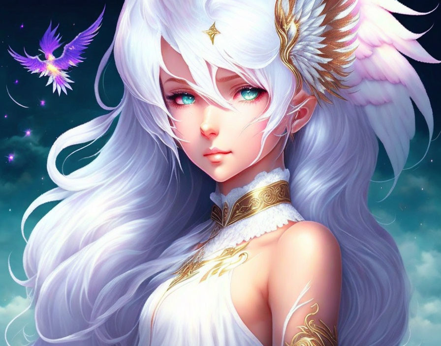 Fantasy illustration of female character with white hair, blue eyes, feathered wing, and purple bird