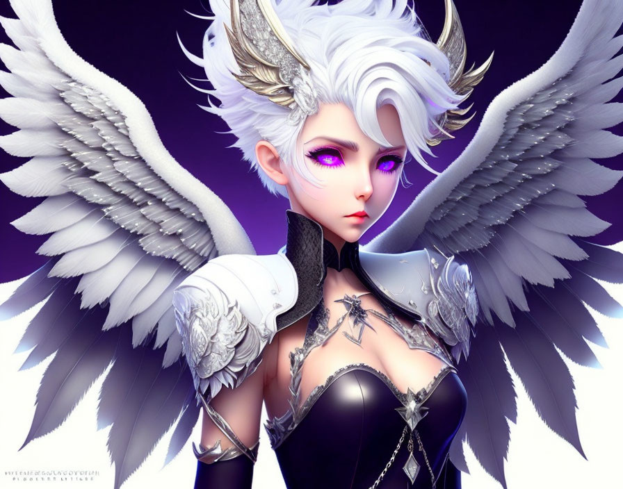 Stylized female character with white hair, purple eyes, angelic wings, and dark armor on