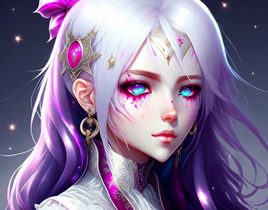 Purple-haired female character with turquoise eyes and ornate jewelry on starry backdrop