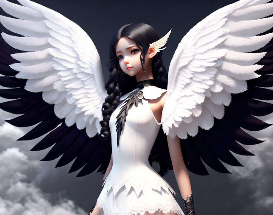 Character with White Wings and Black Hair in Anime-Style Illustration