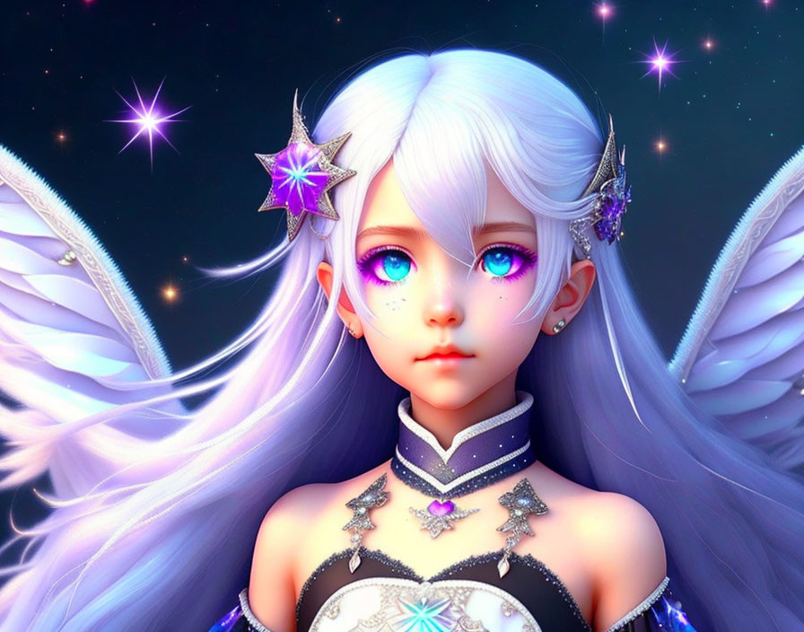 White-haired character with blue eyes, star accessory, and angel wings on starry backdrop