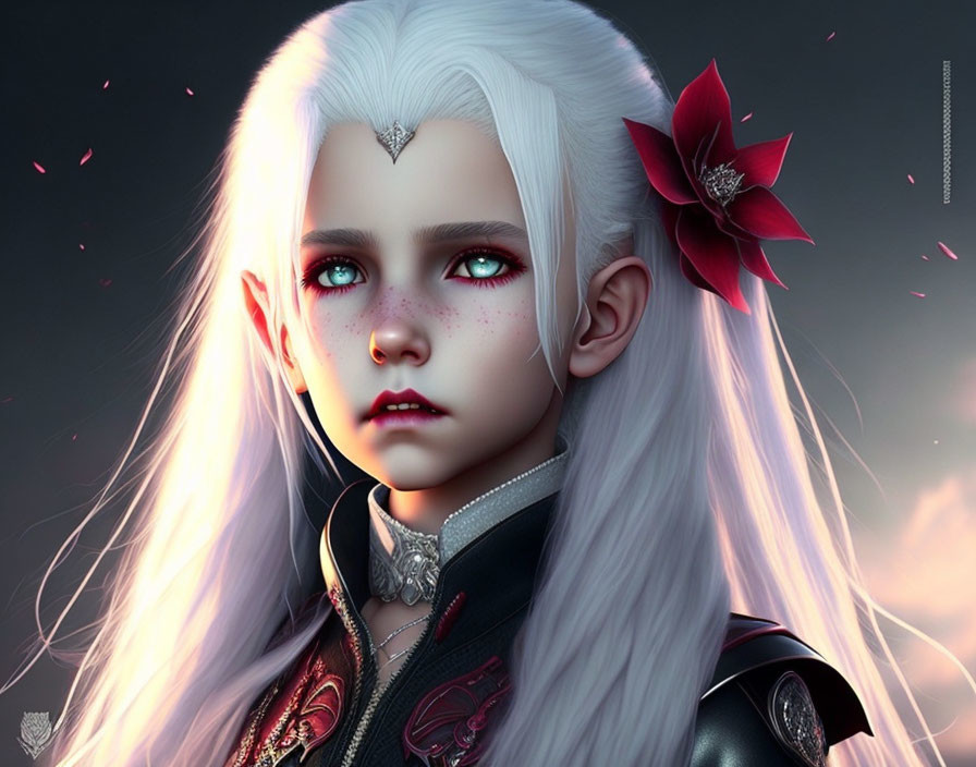 Young girl with white hair and red eyes, adorned with red flower, in a dark fantasy portrait