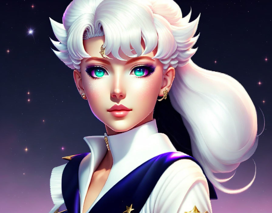 Illustrated female character: Teal eyes, white hair, golden earrings, starry night sky.