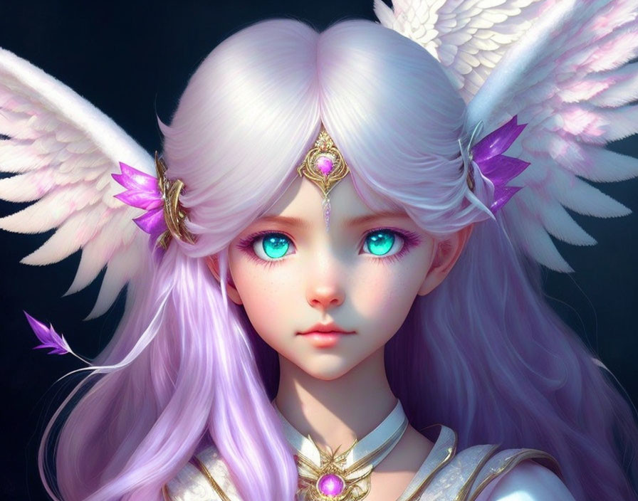 Fantasy character with large blue eyes, pink-purple hair, white feathered wings, tiara,