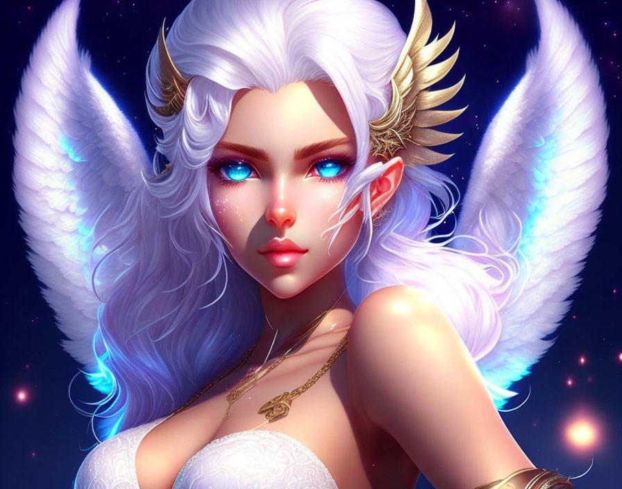 Fantasy character with angelic wings in cosmic setting