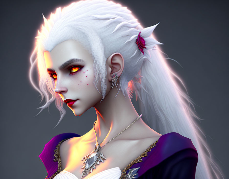 Fantasy Character with White Hair, Red Eyes, and Elf Ears