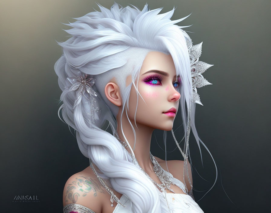 Digital Artwork: Woman with White Hair, Side Braid, Pink Eye Makeup, Elegant Hair Accessories