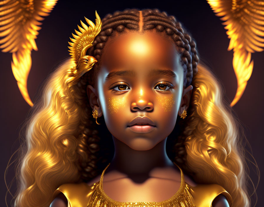 Digital portrait: Young girl with golden wings, sparkles on cheeks, and curly blonde hair