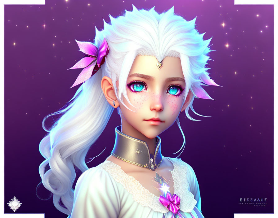 Fantasy girl with white hair and golden headpiece in starry digital illustration