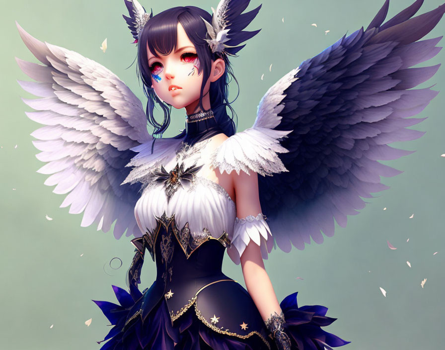 Female character with dark hair, white and black feathered wings, in gothic-style dress with feathers