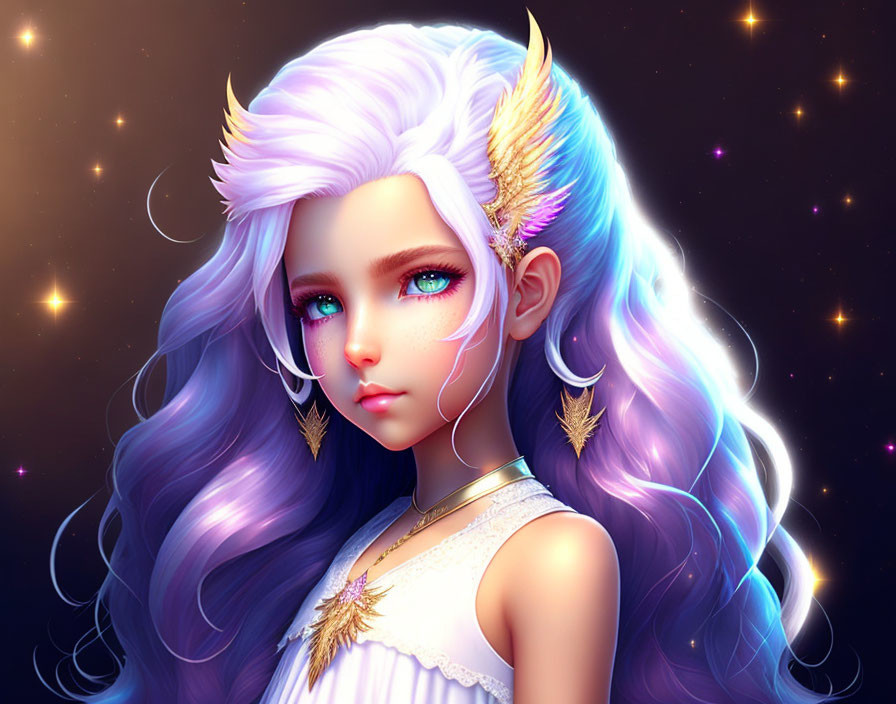 Fantasy illustration of girl with lilac hair and gold feather earrings