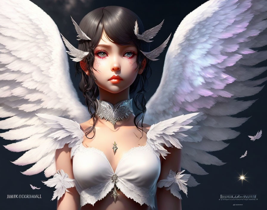 Digital artwork featuring angelic figure with white wings and red eyes on dark background