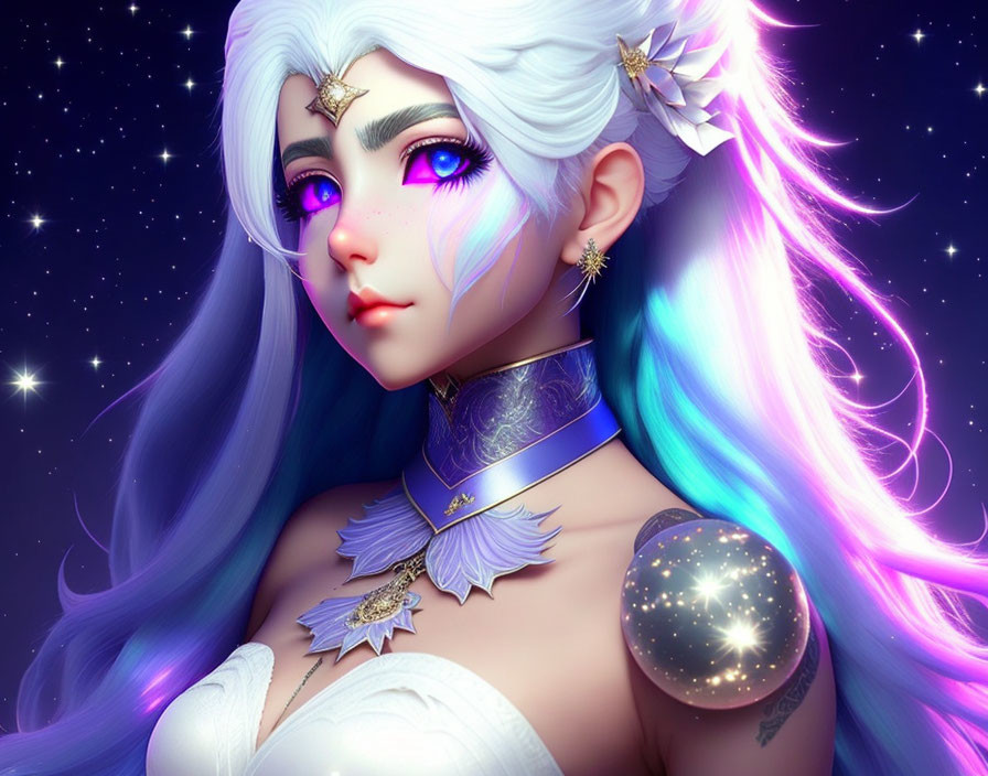 Digital artwork of female character with white hair, starry eyes, and celestial accessories