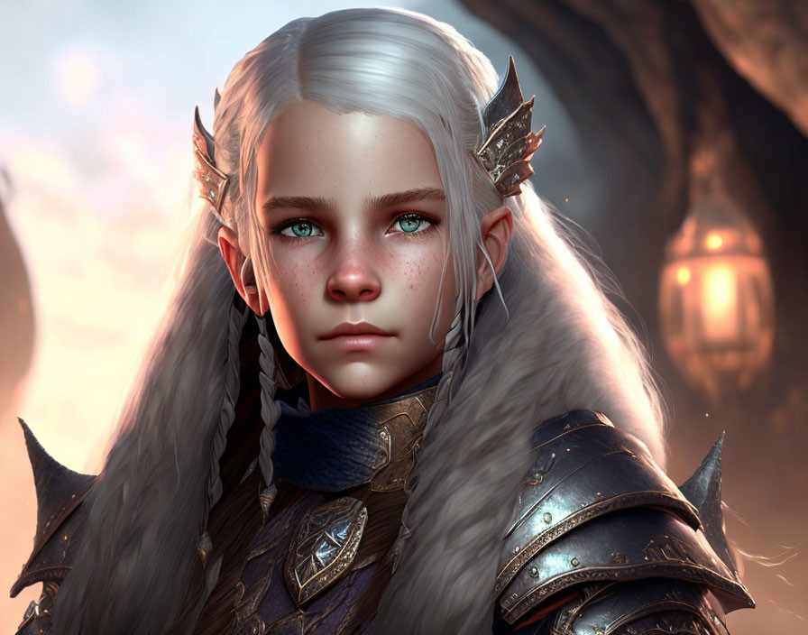 White-haired elf in ornate armor and fur mantle against misty backdrop