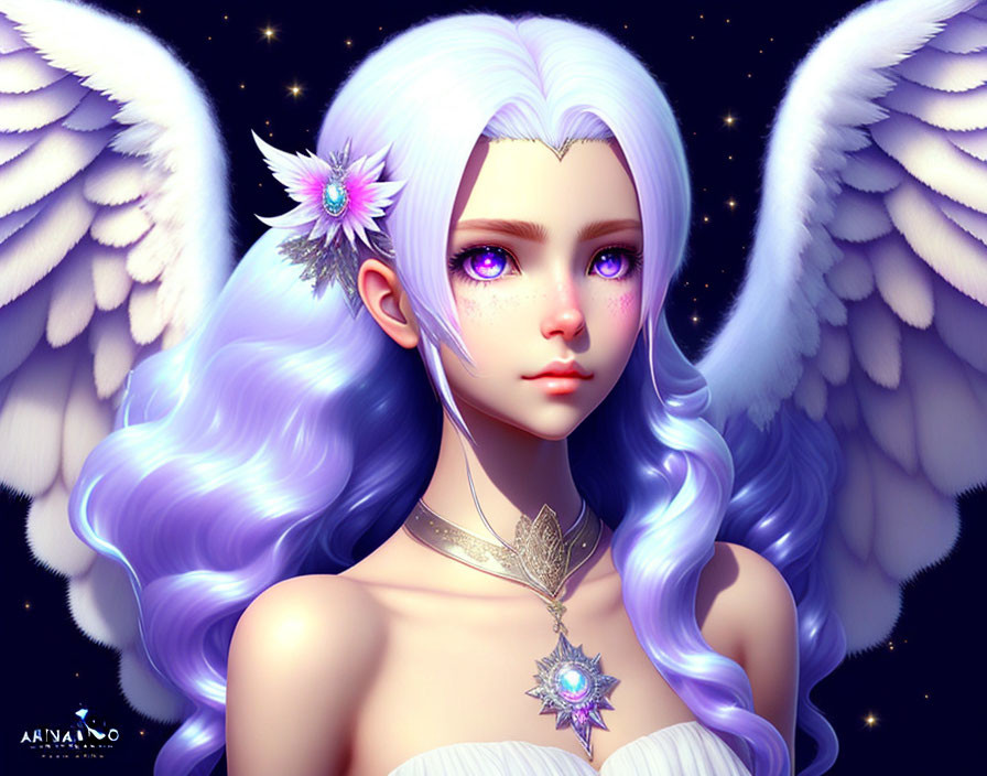 Fantasy digital artwork of a female character with purple eyes, lilac hair, white wings, and