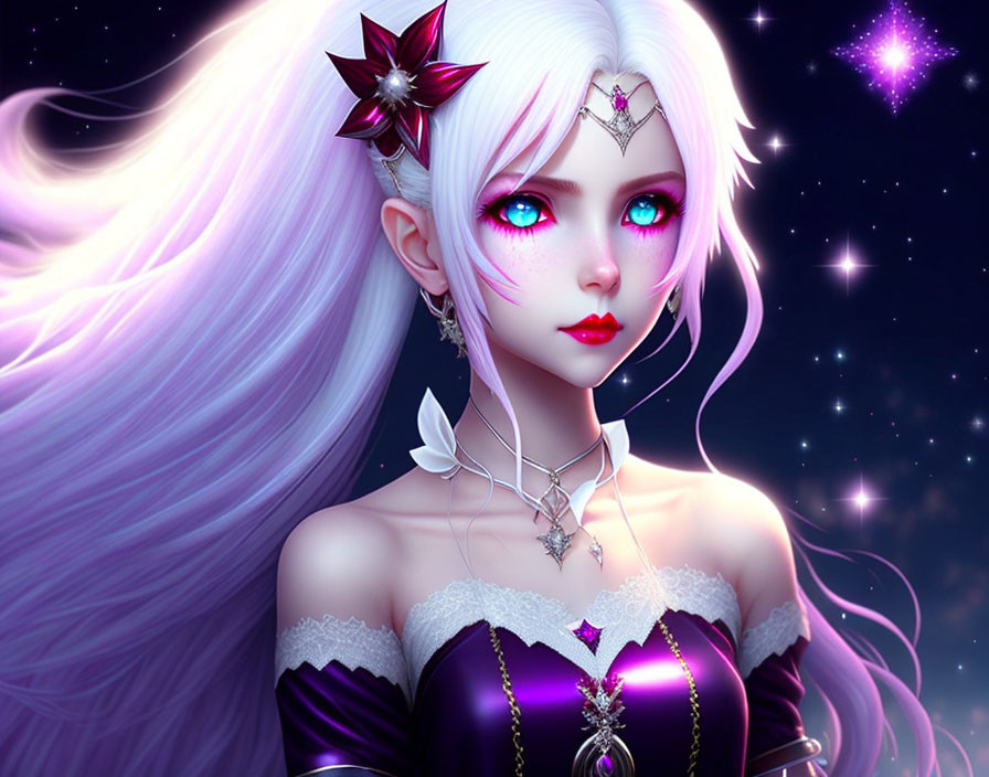 Fantasy-themed animated female figure with white hair and blue eyes