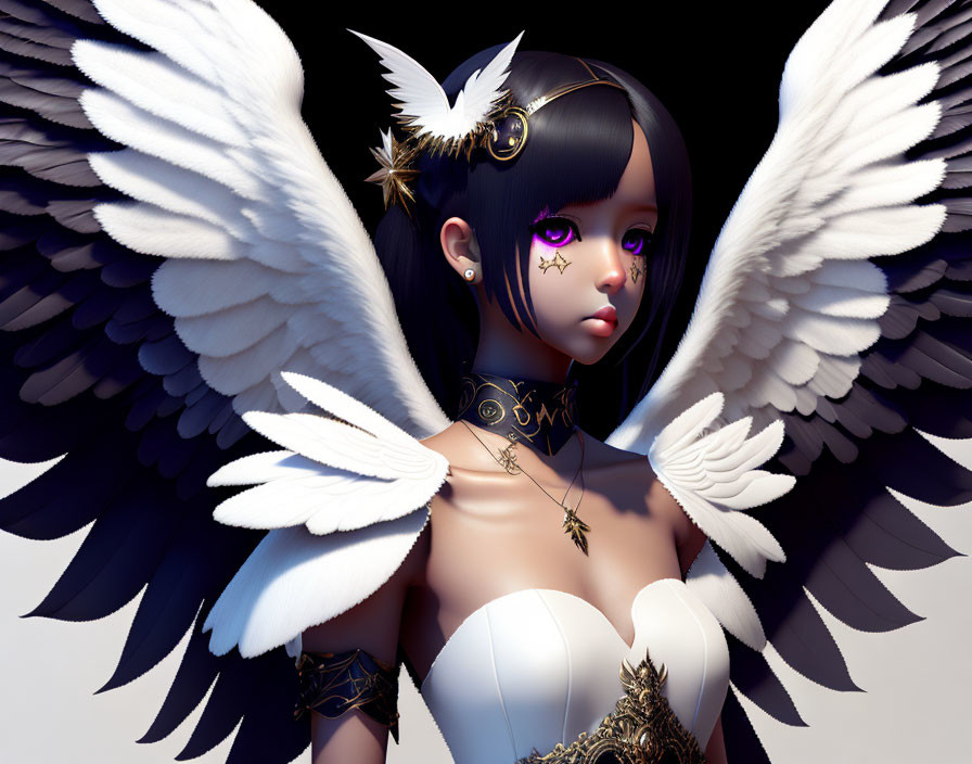 Stylized digital artwork of female character with black hair and white angel wings