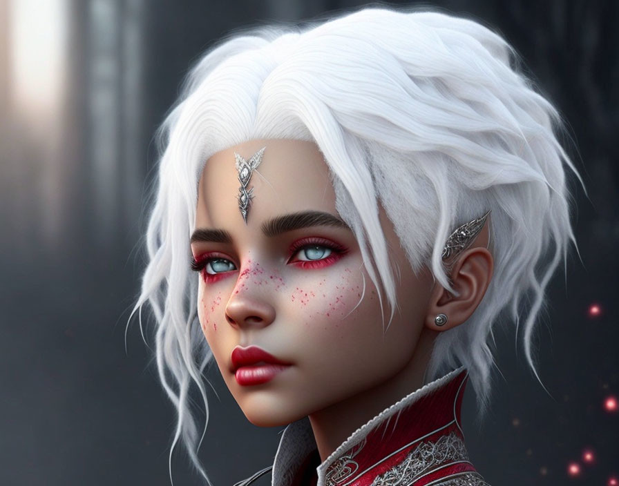 Digital artwork featuring female with red eyes, white hair, freckles, elven ears, and
