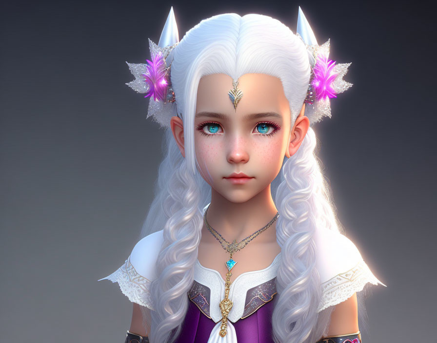 Fantasy girl with white hair, blue eyes, pointed ears, crystal accessories