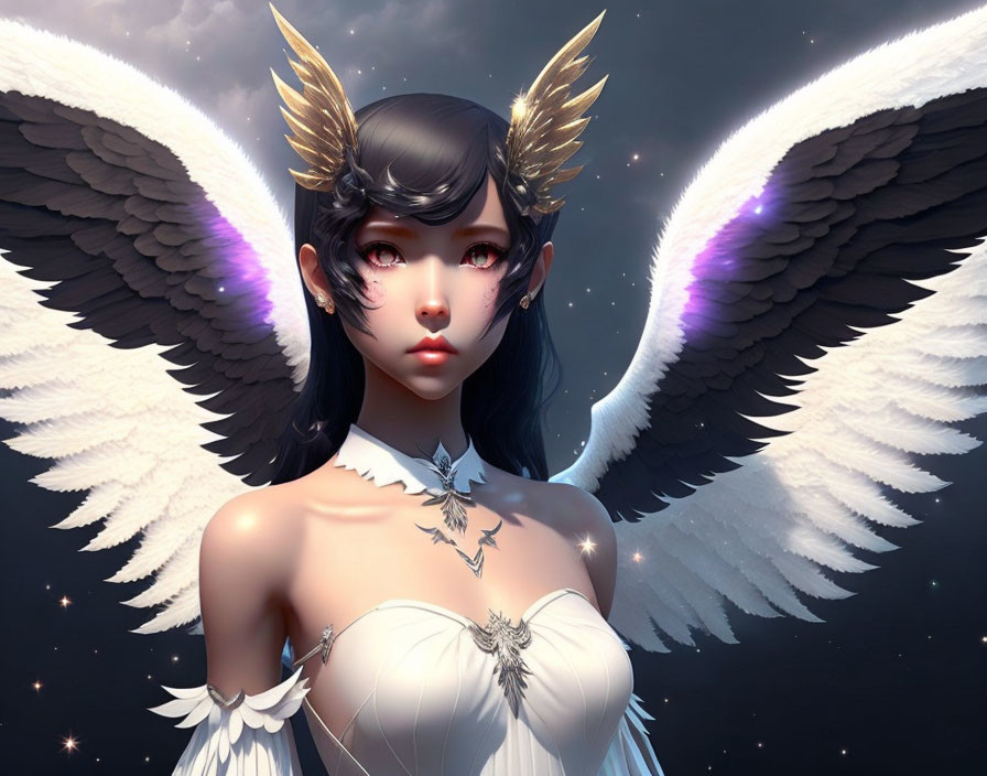 Fantasy character with celestial wings and golden feathered ears in starry night scene