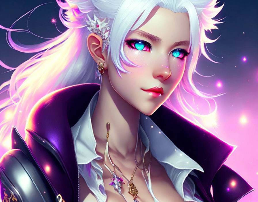 Fantasy female character with white hair and blue eyes in starry setting