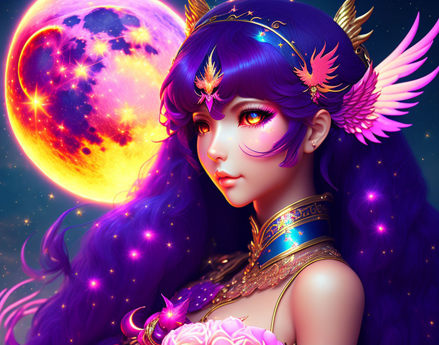 Illustration: Girl with Purple Hair, Ethereal Wings, Celestial Accessories, Pink Moon