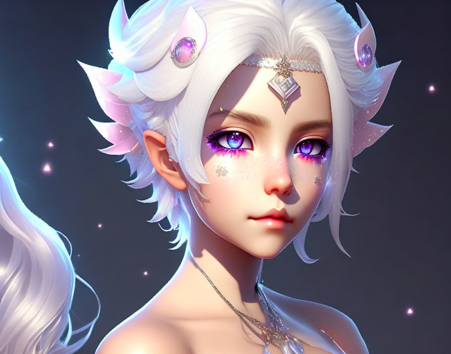 Fantasy character with pointed ears, purple eyes, white hair, and jewel ornaments