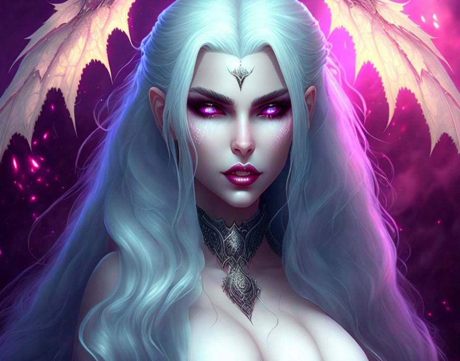 White-haired fantasy character with purple eyes, glowing wings, and silver jewelry on magenta background.