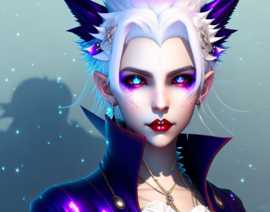 Fantasy character digital art: pointed ears, purple eyes, white hair, navy coat