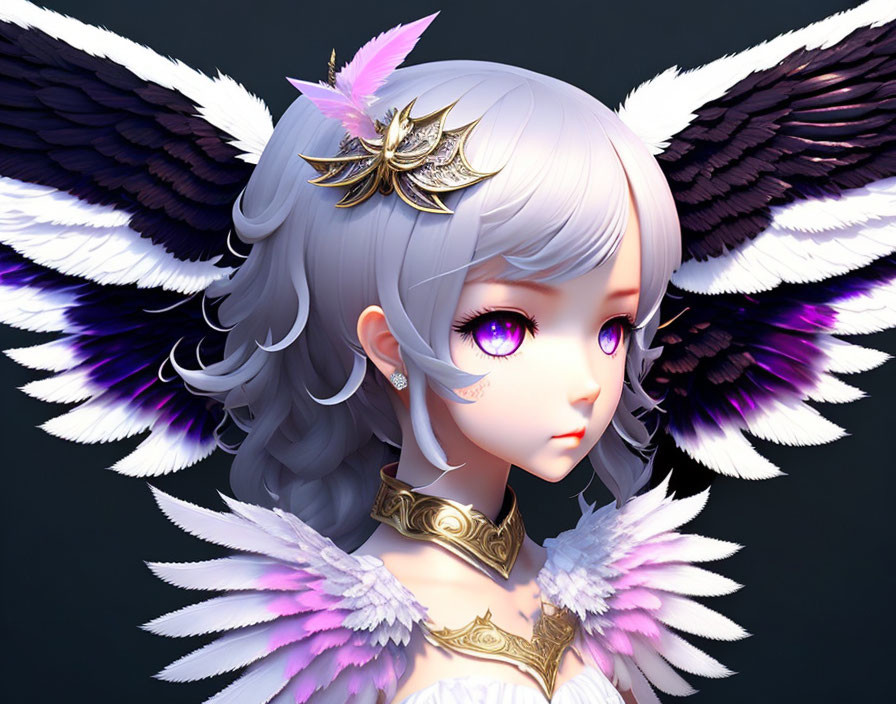Digital Artwork: Girl with Purple Eyes, Silver Hair, Elaborate Wings
