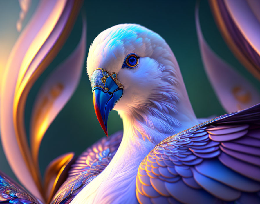 Colorful digital artwork: Dove with gold and blue feathers on soft background